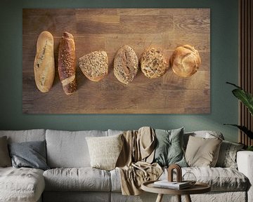 Flat lay of selection of a variety of different buns, rolls and  by Robert Ruidl