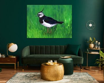 Lapwing in the grass. Acrylic painting