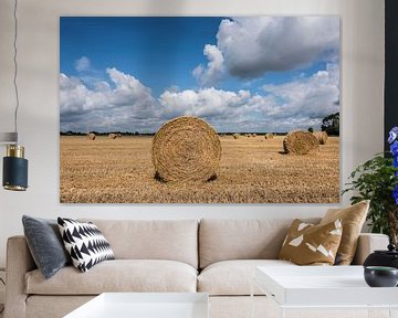 Straw rolls in a field with beautiful cloudscapes by Ans Bastiaanssen