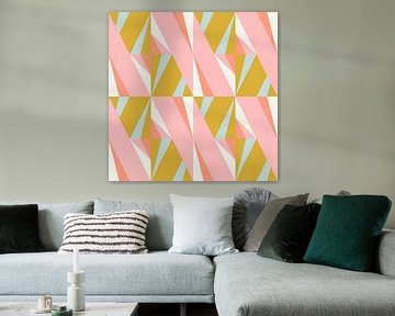 Géométrie rétro avec des triangles dans le style Bauhaus en rose, jaune et bleu. sur Dina Dankers