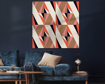 Retro geometrie met driehoeken in Bauhaus-stijl in roze, bruin, oranje van Dina Dankers