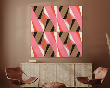 Retro geometrie met driehoeken in Bauhaus-stijl in bruin, roze, oranje van Dina Dankers