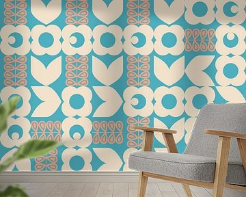 Retro 70er Jahre Vintage-Stil Kunstwerk in blau, Pfirsich rosa, weiß von Dina Dankers