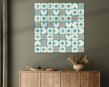 Retro 70s vintage style artwork in blue, peach pink, white by Dina Dankers