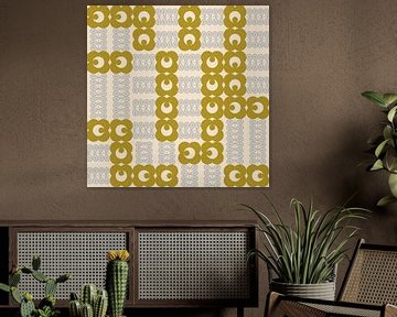 Retro 70s vintage style artwork in mustard yellow, gray and off white by Dina Dankers