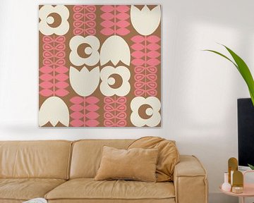 Retro 70s vintage style artwork in white, pink, brown by Dina Dankers