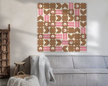 Retro 70s vintage style artwork in pink, white, brown by Dina Dankers