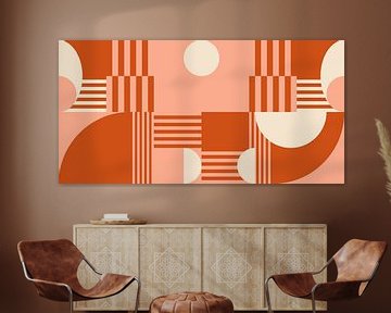 Retro geometrie met cirkels en strepen in Bauhaus-stijl in perzikroze en terra-oranje van Dina Dankers