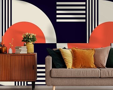 Retro geometry with circles and stripes in Bauhaus style in orange red by Dina Dankers