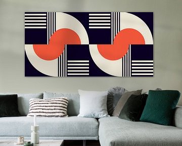 Retro geometrie met cirkels en strepen in Bauhaus-stijl in oranje rood, wit, zwart van Dina Dankers