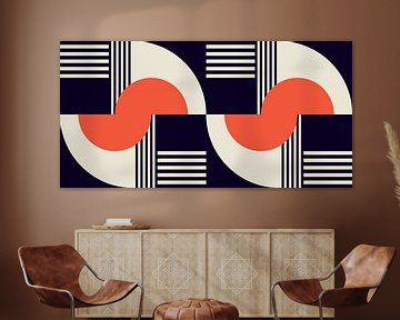 Géométrie rétro avec des cercles et des rayures dans le style Bauhaus en rouge orange, blanc et noir sur Dina Dankers