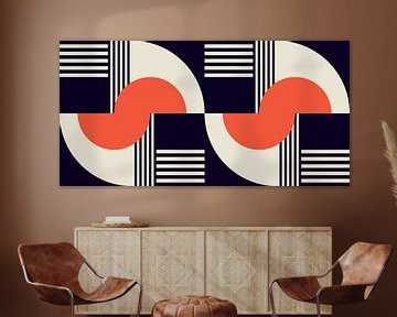 Retro geometrie met cirkels en strepen in Bauhaus-stijl in oranje rood, wit, zwart van Dina Dankers