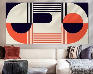Retro geometrie met cirkels en strepen in Bauhaus-stijl in oranje rood en zwart van Dina Dankers