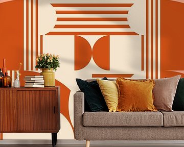 Retro geometrie met cirkels en strepen in Bauhaus-stijl in roze en oranje van Dina Dankers