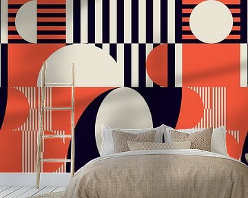 Geometrisches Retro-Kunstwerk mit Kreisen und Streifen in Schwarz, Orange von Dina Dankers