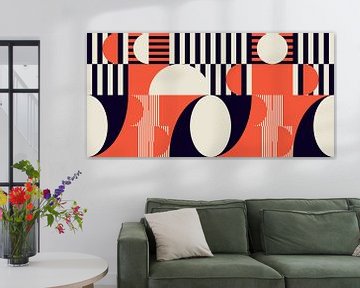 Retro geometrisch kunstwerk met cirkels en strepen in zwart, oranje van Dina Dankers