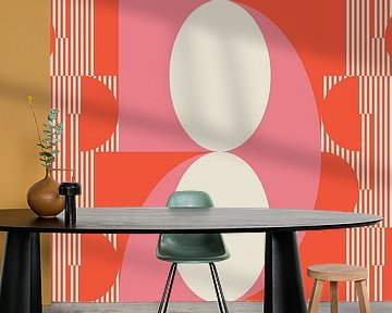 Retro geometrisch kunstwerk met cirkels en strepen in oranje en roze van Dina Dankers