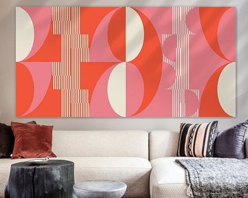 Retro geometrisch kunstwerk met cirkels en strepen in roze en oranje van Dina Dankers