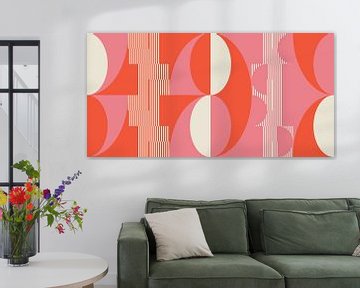 Retro geometric artwork with circles and stripes in pink and orange by Dina Dankers