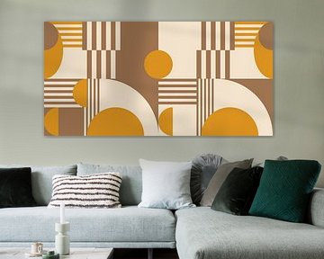 Retro geometric artwork with circles and stripes in ocher yellow, brow by Dina Dankers