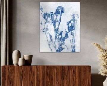 Modern abstract meadow flowers in blue on white. Botanical monoprint by Dina Dankers