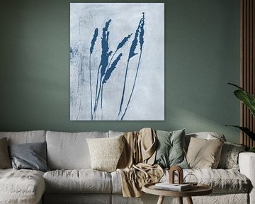 Grassprieten in retro blauw en wit. Moderne botanische minimalistische kunst. van Dina Dankers
