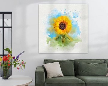 Cheerful and Peaceful Golden Sunflower in Watercolor