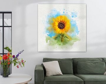 Fröhliche und friedliche goldene Sonnenblume in Aquarell von Andreea Eva Herczegh