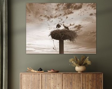 Störche auf dem Nest in Sepia von Jose Lok