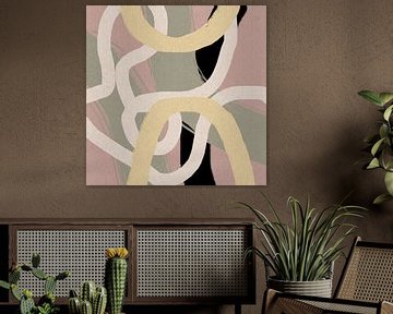 Modern abstract schilderij organische lijnen en vormen roze groen geel van Dina Dankers