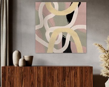 Modern abstract schilderij organische lijnen en vormen roze groen geel van Dina Dankers