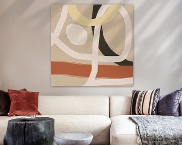 Modern abstract schilderij organische lijnen en vormen terra, beige