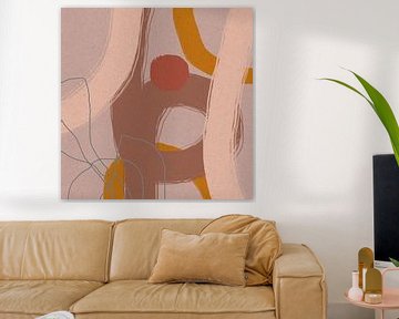 Peinture abstraite moderne lignes et formes organiques or, rouge rose sur Dina Dankers