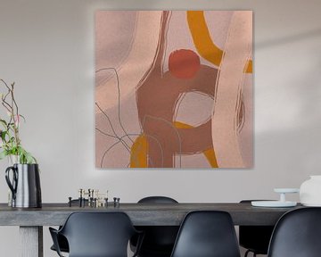 Modern abstract schilderij organische lijnen en vormen goud, rood roze van Dina Dankers