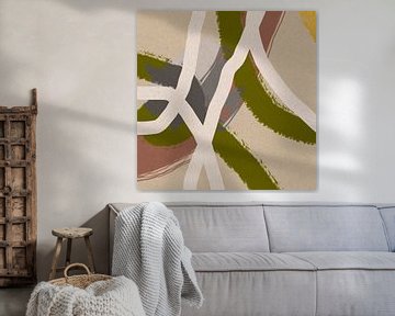 Modern abstract schilderij organische lijnen en vormen groen, beige van Dina Dankers