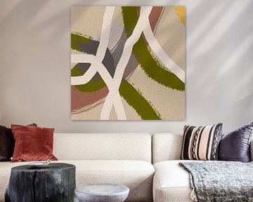 Modern abstract schilderij organische lijnen en vormen groen, beige van Dina Dankers