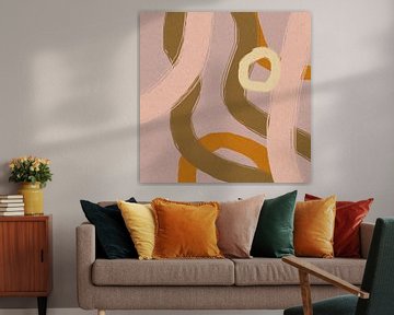 Modern abstract schilderij organische lijnen en vormen goud, mosterd roze van Dina Dankers