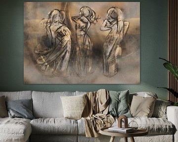 Landscape formaat - drie dames met warm bruine kleuren van Emiel de Lange