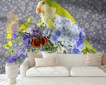 Stilleben 'Mit Nymphensittich und Blumen