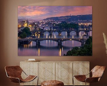 Evening view over the Vltava bridges in Prague by Melanie Viola
