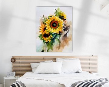 Boeket met zonnebloemen in aquarel stijl van Bert Nijholt