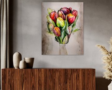 Bosje tulpen in aquarel stijl van Bert Nijholt