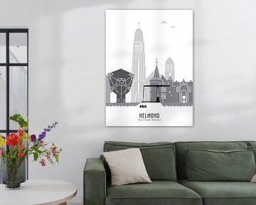 Skyline illustratie stad Helmond zwart-wit-grijs van Mevrouw Emmer