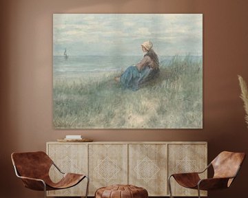 Eine Frau sitzt auf einer Düne und schaut aufs Meer hinaus, Jozef Israëls
