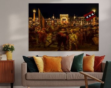 Nachtwacht van Rembrandt van Rijn bij de Magere brug van Digital Art Studio