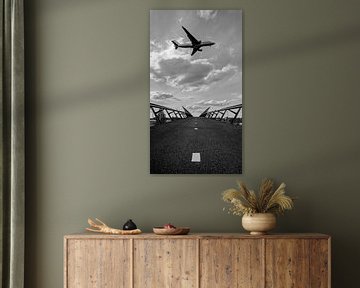 Airplane over a bridge, panorama black and white by Yanuschka Fotografie | Noordwijk