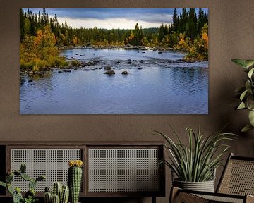 Fluss in Südlappland mit Bäumen in Herbstfarben. von Ineke Mighorst