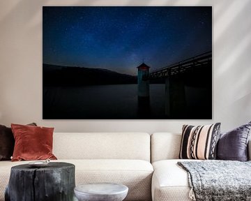 Starry sky with Milky Way over the Urft Dam in the Eifel
