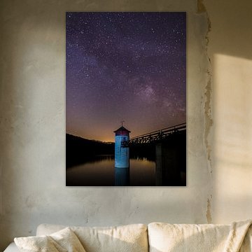 Starry sky with Milky Way over the Urft Dam in the Eifel