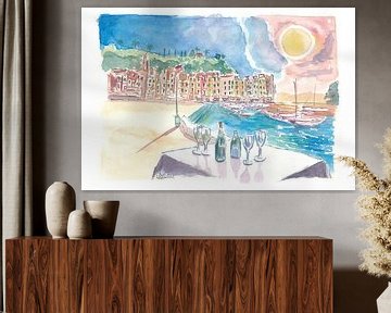 Tafel voor Amore in Portofino met uitzicht op de haven en de zee van Markus Bleichner